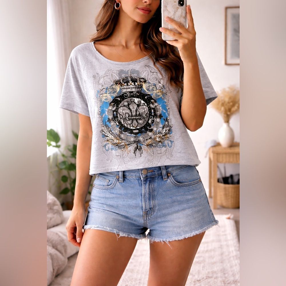 From Los Angeles Y2K Rhinestone Crown Graphic Tee Gray Made in USA Rock Tatoo